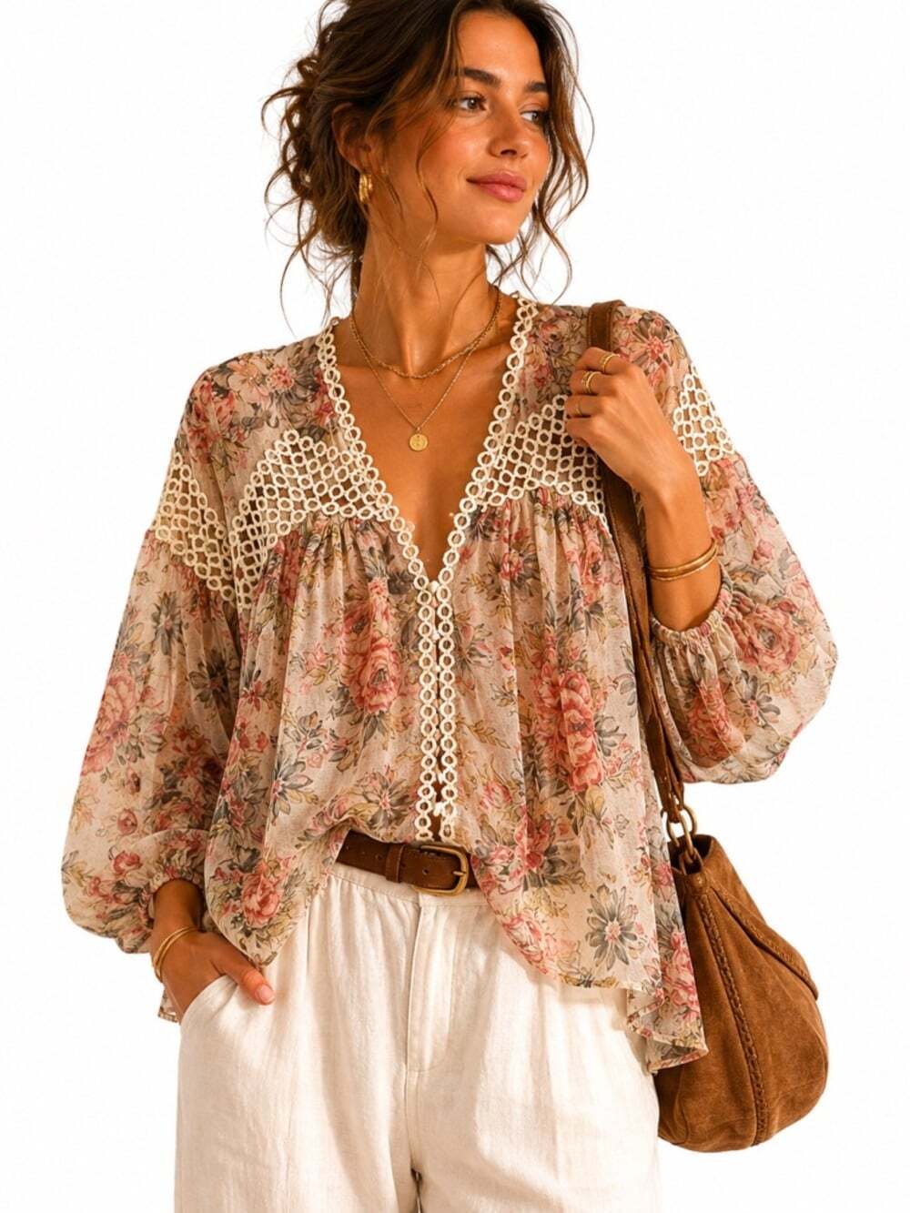 Ark & Co Cream Floral Crochet-Trim Peasant Top